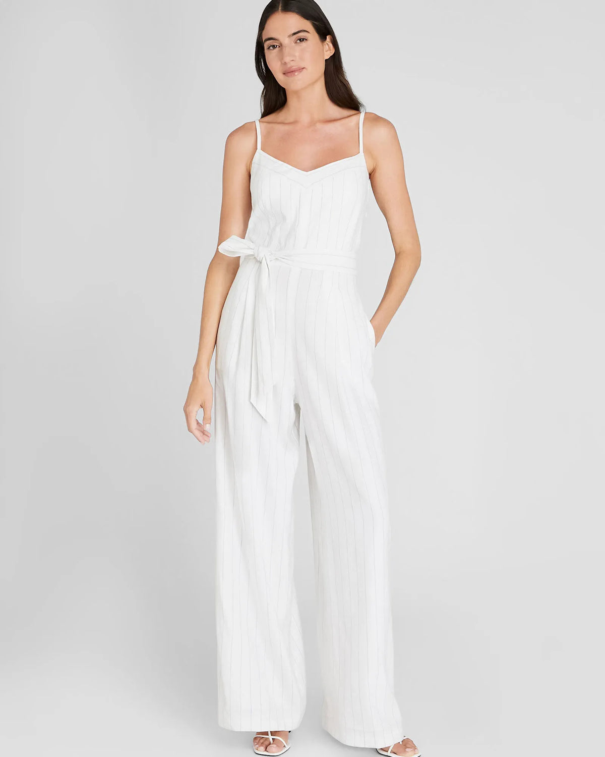 Pinstripe Linen Blend Jumpsuit