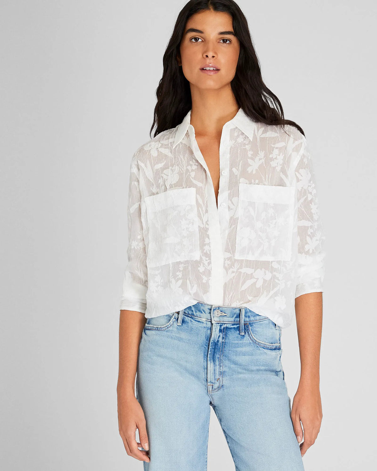 Sheer Floral Button-Down Shirt