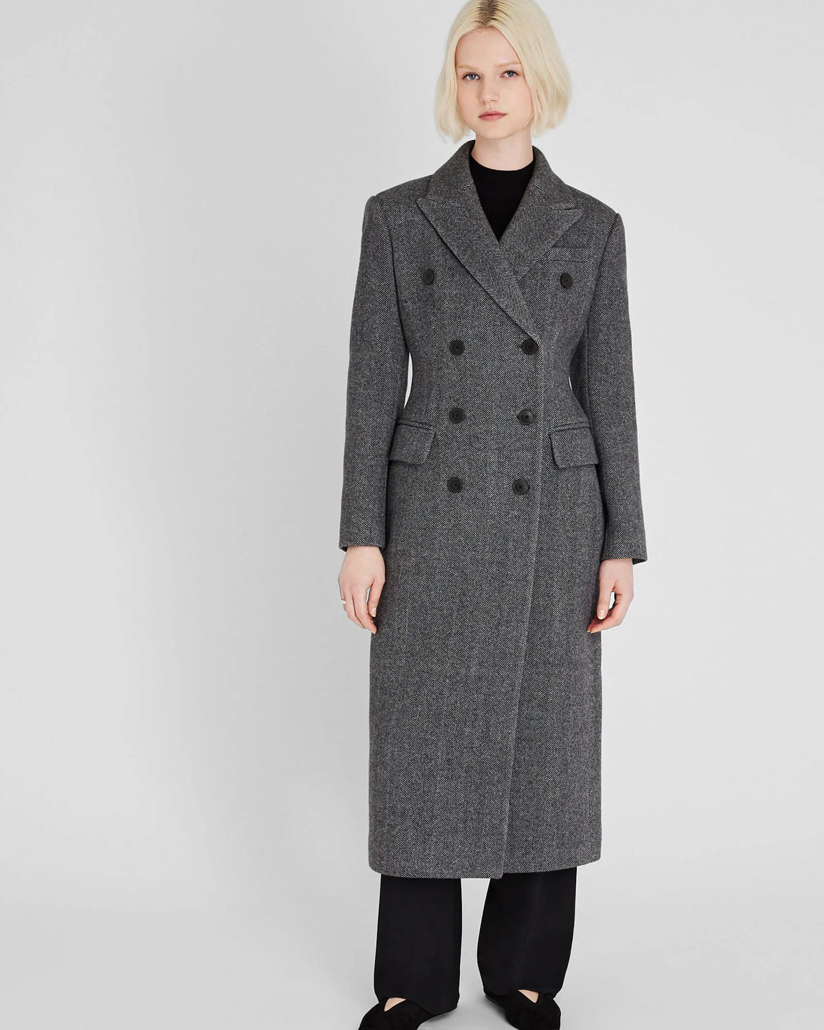 Cinched Waist Herringbone Twill Coat