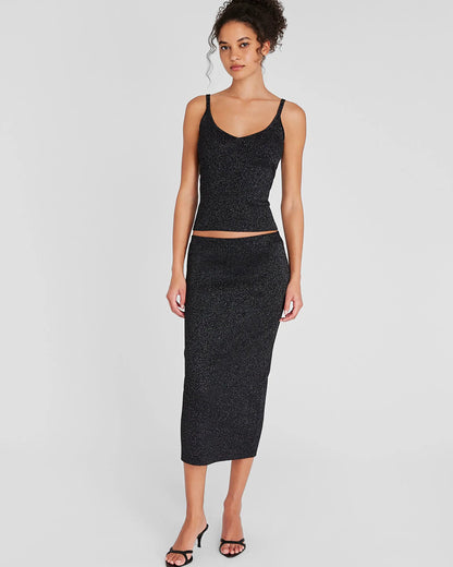 Metallic Ribbed-Knit Midi Skirt