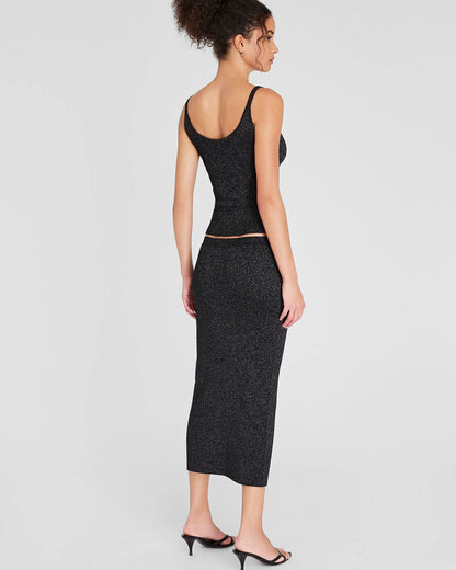 Metallic Ribbed-Knit Midi Skirt