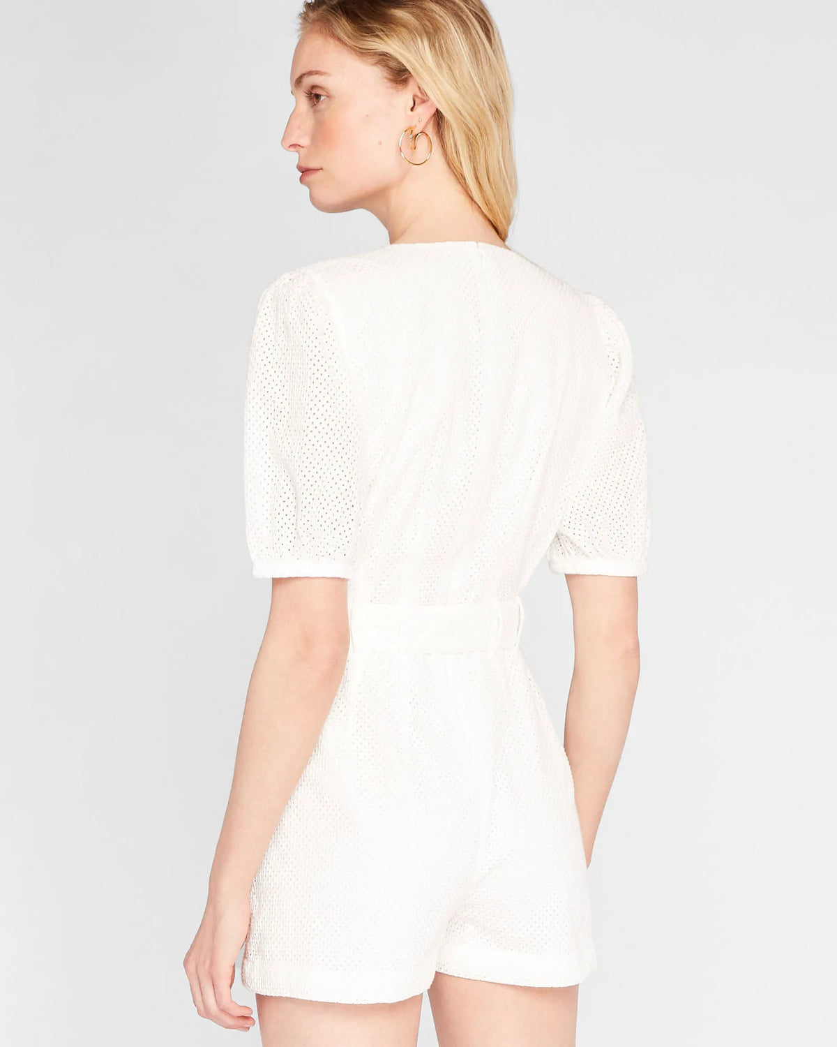 Belted Puff Sleeve Eyelet Romper