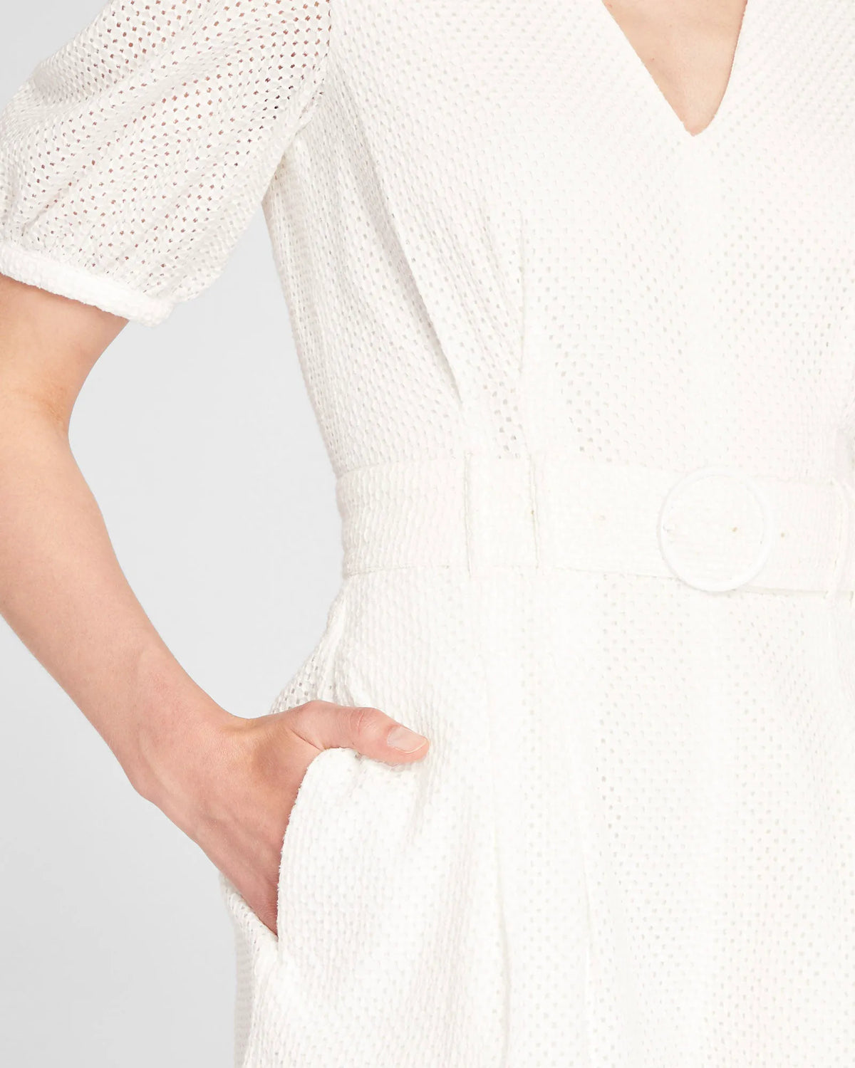 Belted Puff Sleeve Eyelet Romper