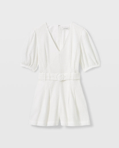 Belted Puff Sleeve Eyelet Romper
