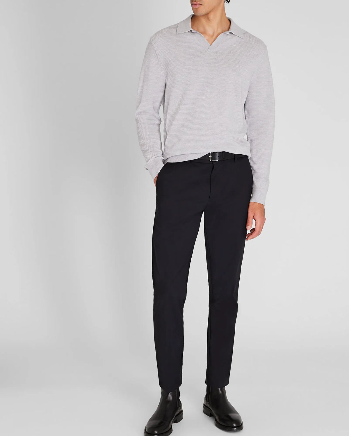 Long-Sleeve Textured Johnny Collar Knit Polo